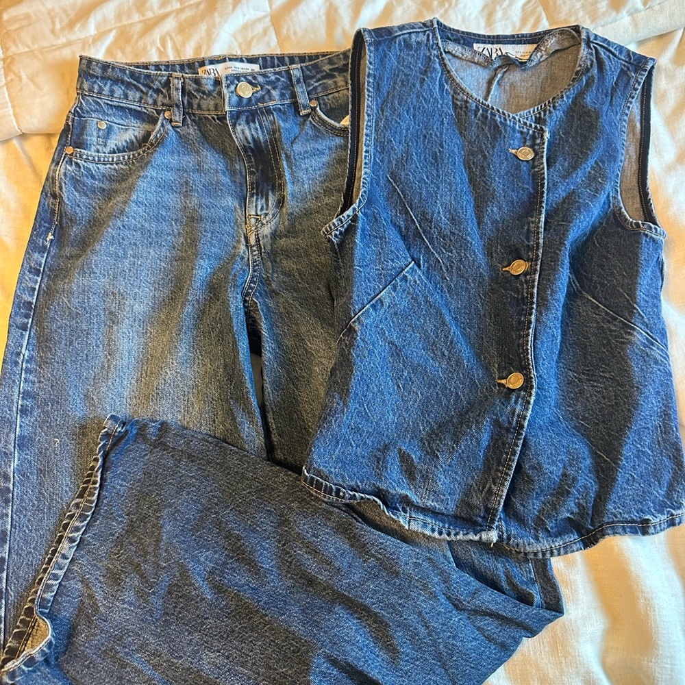 Zara Dark Blue Denim Jeans and Vest Set